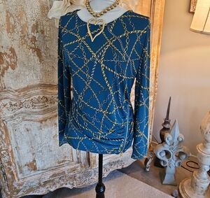 Ally Fashion Teal Long Sleeve Top with Gold Chain Print